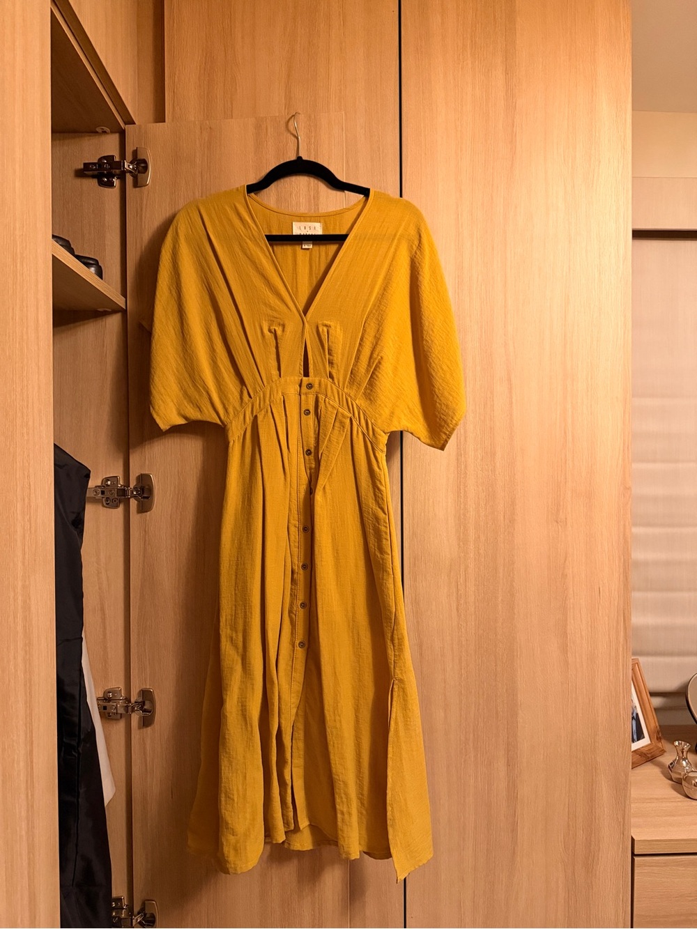 Lost + Wander Mustard Yellow Button-Front Midi Dress